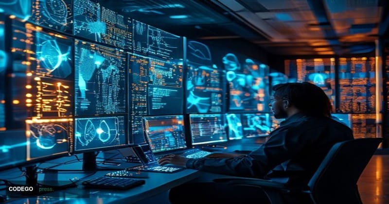 # Image Prompt:

A sleek, modern cybersecurity operations center bathed in cool blue and amber lighting, featuring multiple h