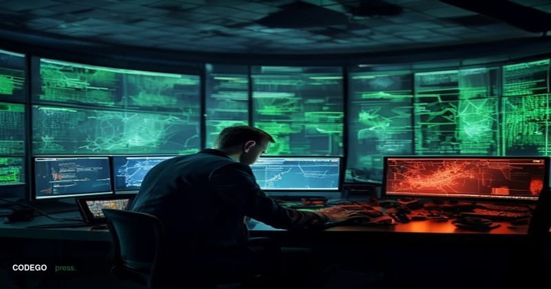 A cinematic editorial photograph set inside a high-security blockchain operations center, dominated by large curved monitors 