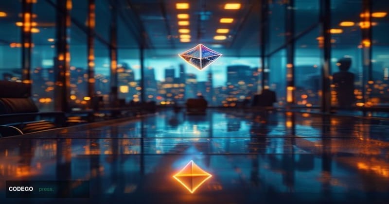 A dramatic cinematic editorial photograph depicting a sleek, modern financial technology environment set in a glass-walled in