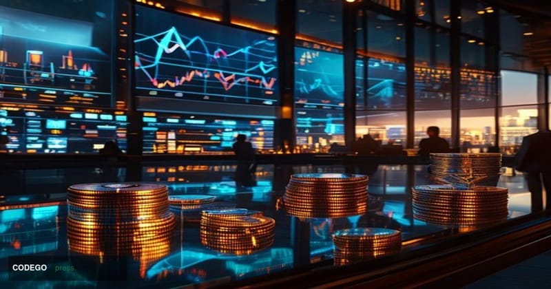 A dramatic cinematic editorial photograph set in a sleek institutional trading floor environment, dominated by large curved s