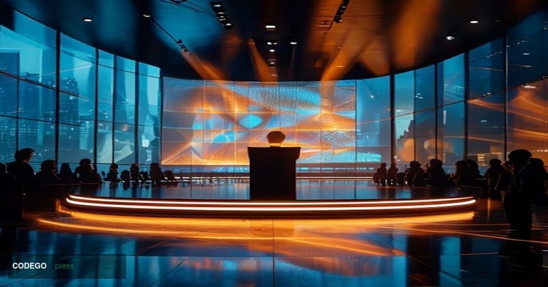 A cinematic editorial photograph set at a sleek London financial technology event venue, with warm amber stage lighting casti