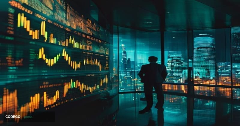 A cinematic editorial photograph set inside a sleek, high-tech trading floor environment referencing both the eToro brand and