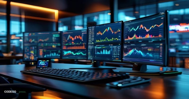 A photorealistic editorial photograph of a premium financial trading workstation in a sleek modern brokerage office, with mul