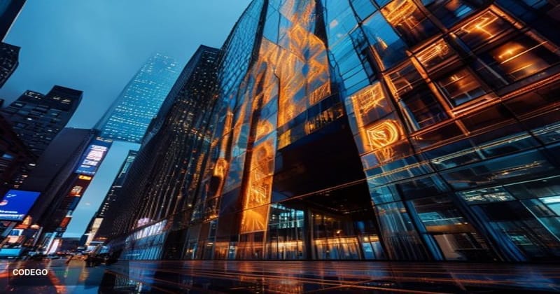 A dramatic wide-angle shot of Morgan Stanley's iconic Times Square headquarters in New York City at dusk, with warm amber lig