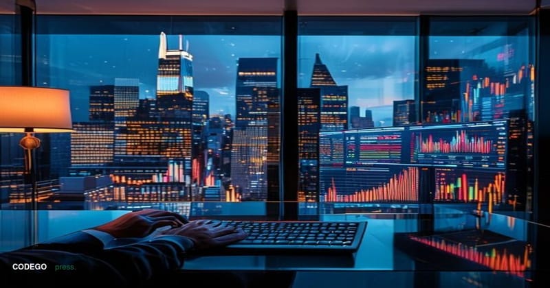 A cinematic editorial photograph set inside a sleek, modern brokerage trading environment — a wide glass-walled office with t