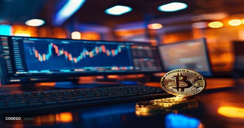 A cinematic editorial photograph centered on a sleek dual-monitor trading workstation in a warmly lit brokerage environment, 