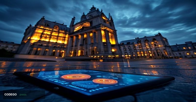 A photorealistic editorial photograph of the European Parliament building in Strasbourg, France, shot from a low dramatic ang