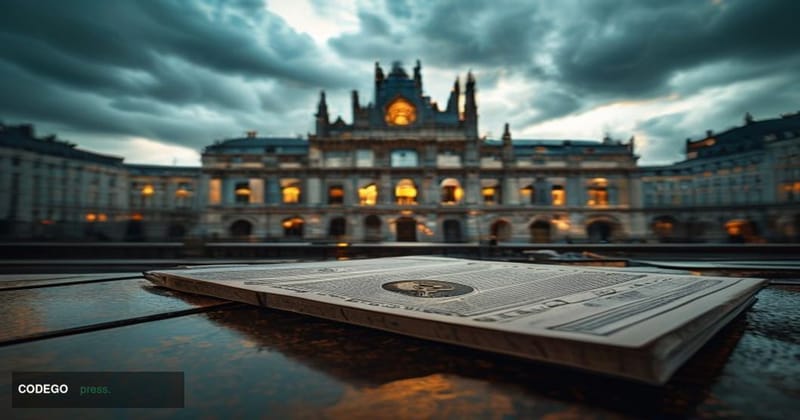 A cinematic editorial photograph set in Brussels, Belgium, with the iconic European Parliament building prominently visible i