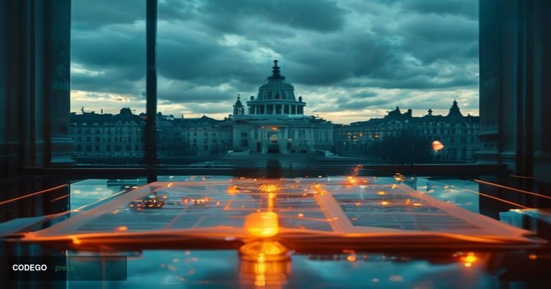 A dramatic cinematic editorial photograph set in Brussels, Belgium, with the iconic European Parliament building visible in t