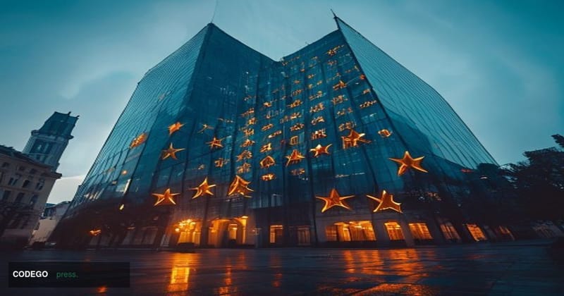 A cinematic editorial photograph shot from a low angle looking up at the imposing European Union Council building in Brussels