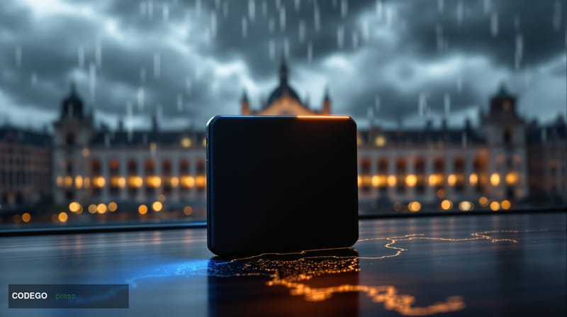 A dramatic cinematic editorial photograph set in Brussels, Belgium, with the iconic European Parliament building visible in t