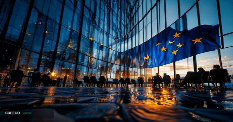 A dramatic split-composition editorial photograph taken at a low angle looking up at the European Union's Berlaymont headquar