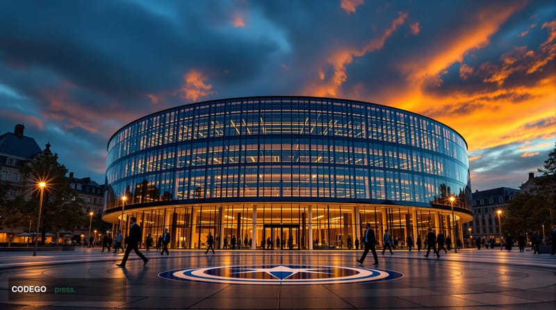 A grand wide-angle shot of the European Parliament building in Strasbourg, France, illuminated under a dramatic dusk sky with