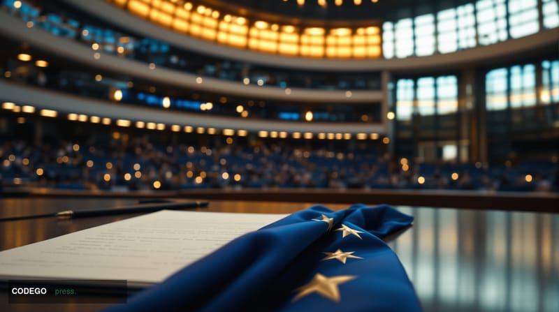 A photorealistic editorial photograph of the European Parliament's iconic hemicycle chamber in Strasbourg, France, captured f