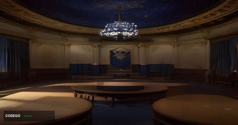 A dramatic photorealistic editorial photograph set inside a grand European Union institutional chamber in Brussels, with the 