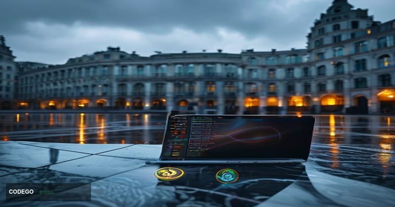 A dramatic cinematic editorial photograph taken at the European Union headquarters in Brussels, Belgium — the iconic curved g