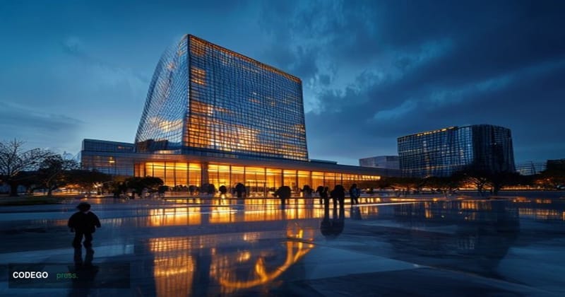 A photorealistic cinematic editorial photograph of the European Central Bank's Frankfurt headquarters at dusk, its distinctiv