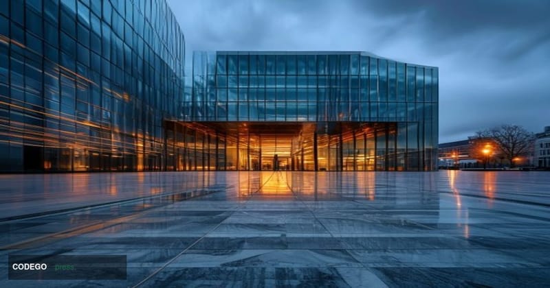 A cinematic editorial photograph centered on Euroclear's Brussels headquarters building exterior, its modernist glass-and-ste