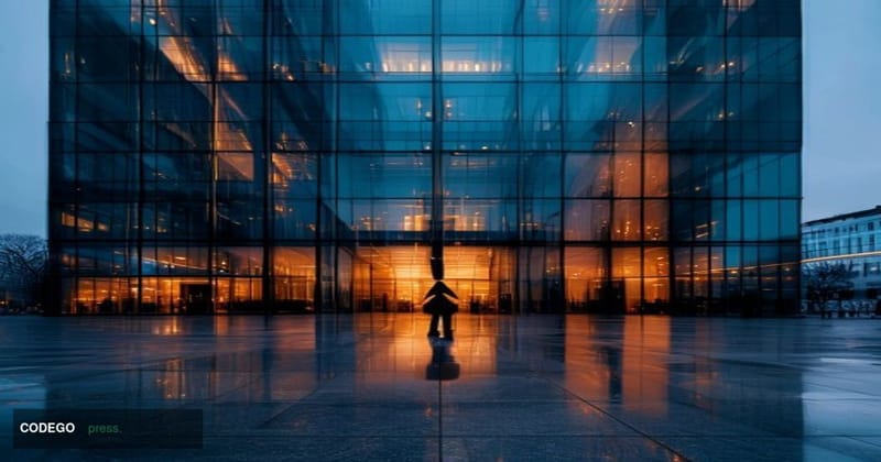 A cinematic editorial photograph set at the Euroclear headquarters building in Brussels, Belgium, captured at dusk with drama