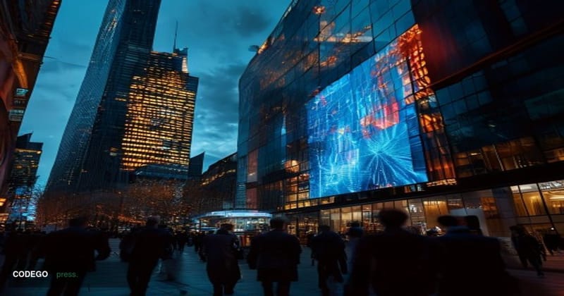A dramatic cinematic editorial photograph taken at street level outside a major European financial district — specifically th