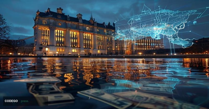 A cinematic editorial photograph depicting the European Parliament building in Strasbourg at dusk, its illuminated glass faca