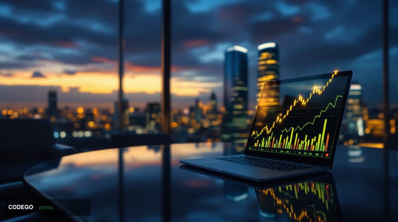 A cinematic editorial photograph of the Frankfurt financial district skyline at dusk, with the iconic Commerzbank Tower and E
