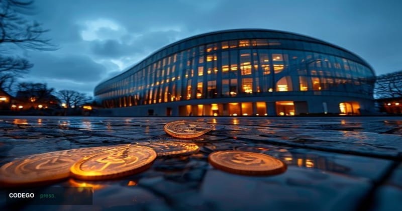 A sweeping cinematic exterior shot of the European Parliament's iconic curved glass and steel facade in Strasbourg at dusk, w