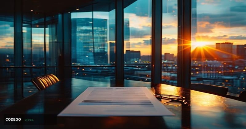 A cinematic editorial photograph set inside the European Central Bank's iconic Frankfurt headquarters — the gleaming glass to