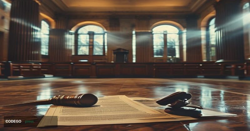 A cinematic editorial photograph set inside a somber federal courthouse corridor in Nebraska, with tall marble columns and mu