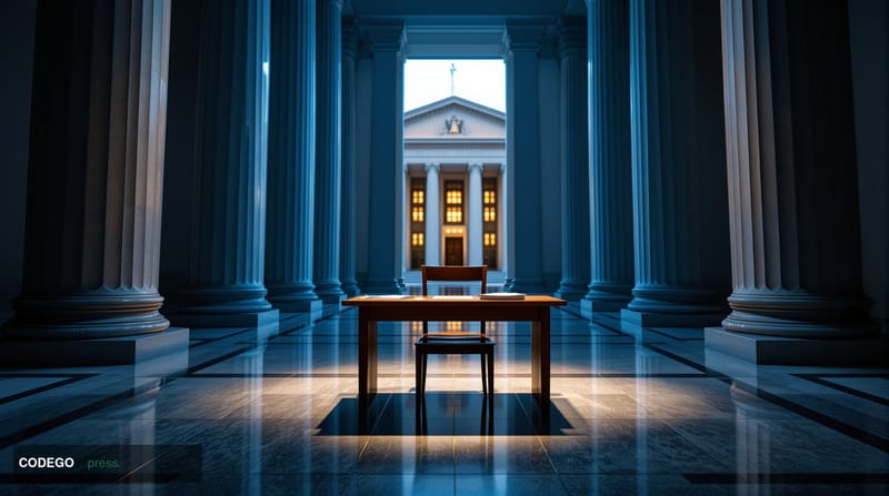 A cinematic editorial photograph set inside a grand, marble-floored federal courthouse corridor in Washington D.C., with tall