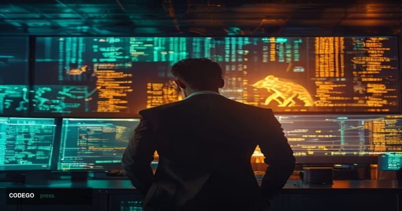 A cinematic editorial photograph set inside a modern financial technology operations center, with multiple large screens disp