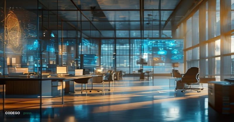 A cinematic editorial photograph of a modern cryptocurrency fintech company office in a state of strategic transition — rows 