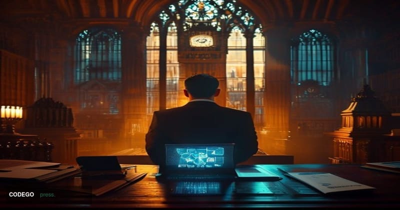 A cinematic editorial photograph set in the Palace of Westminster, London, with the iconic Elizabeth Tower (Big Ben) visible 