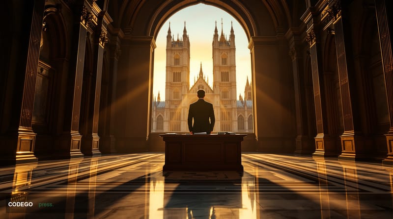 A dramatic cinematic editorial photograph set inside a grand British parliamentary corridor, with ornate Gothic Revival stone