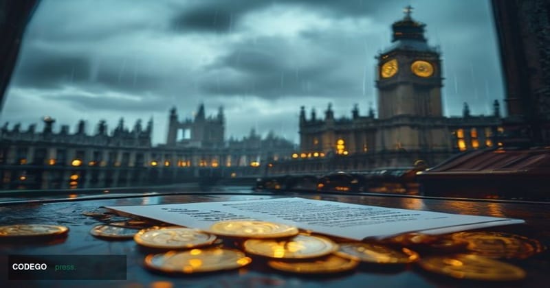 A dramatic cinematic editorial photograph set in Westminster, London, with the iconic Palace of Westminster and Big Ben visib