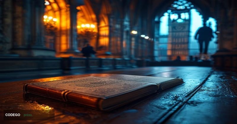 A cinematic editorial photograph set inside the Palace of Westminster's historic corridors, with warm amber light streaming t