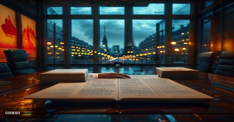 A cinematic editorial photograph set inside a formal regulatory chamber, evocative of FATF's Paris headquarters, with a wide 