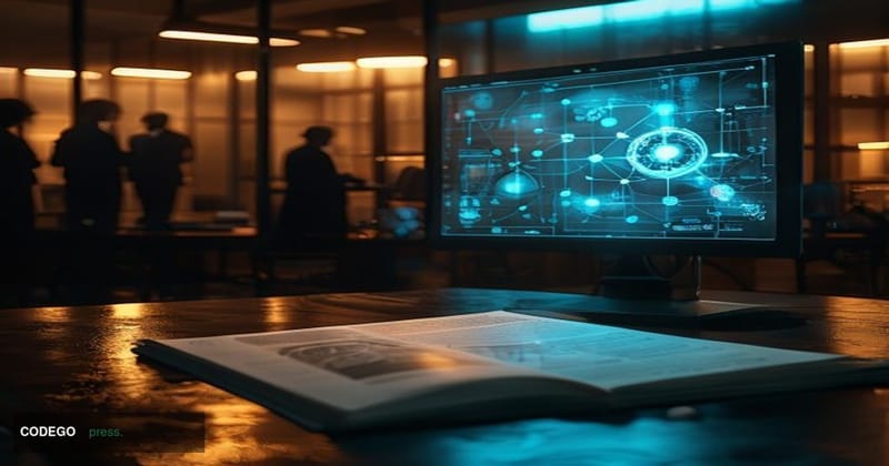 A cinematic editorial photograph set inside a dimly lit financial crimes investigation room, with a large digital monitor dis