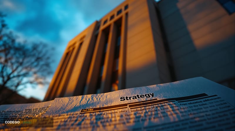 A cinematic editorial photograph shot from a low angle looking up at the J. Edgar Hoover FBI headquarters building in Washing