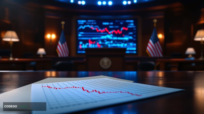 A cinematic editorial photograph set inside a formal government hearing room with dark wood paneling and American flags flank