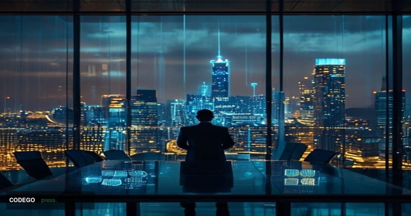 A dramatic cinematic editorial photograph set inside a sleek, modern regulatory boardroom that evokes the FCA's Stratford, Lo
