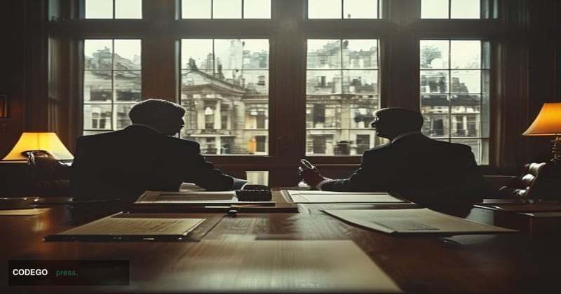 A cinematic editorial photograph set inside a formal British financial regulatory environment, depicting two male silhouettes