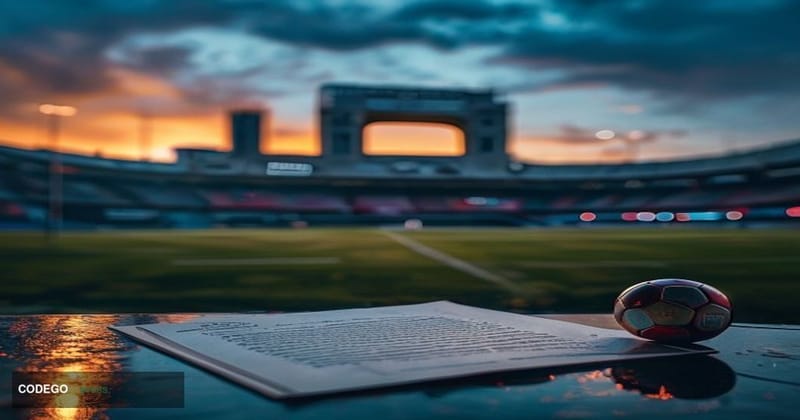 A dramatic cinematic editorial photograph shot at dusk outside Wembley Stadium in London, its iconic arch glowing with cool b