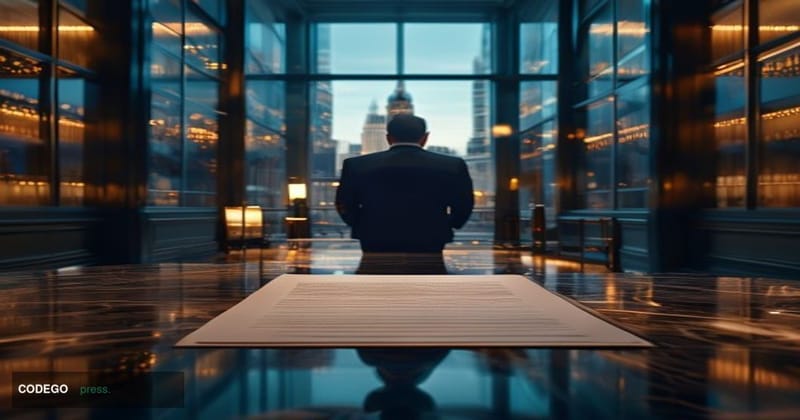 A photorealistic cinematic editorial photograph set inside a monumental British financial regulatory chamber, modeled on the 