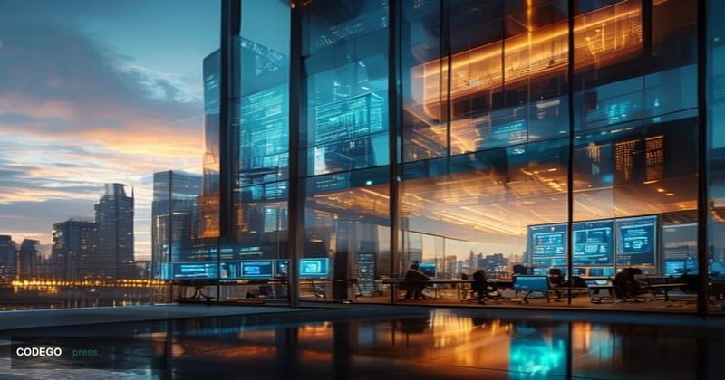A sleek modern government building with glass and steel architecture at golden hour, photographed from a low angle that conve