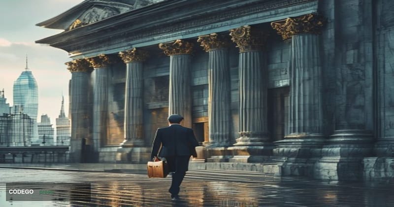 A photorealistic cinematic editorial photograph set outside a formal British financial regulatory building in the City of Lon