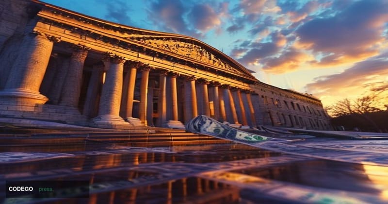 A cinematic editorial photograph of the Federal Reserve's neoclassical Washington D.C. headquarters building captured from a 