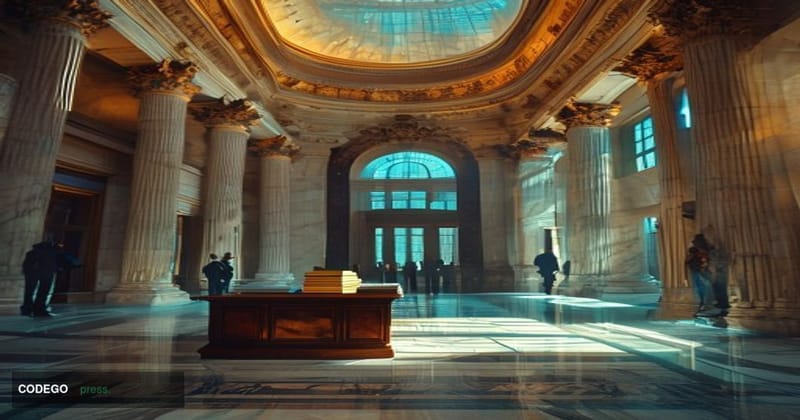 A cinematic editorial photograph set inside a grand Federal Reserve building interior, featuring a wide marble corridor with 