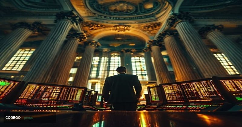A dramatic photorealistic editorial photograph taken inside the Federal Reserve Bank of New York's grand neoclassical trading