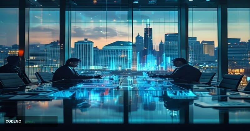 # Image Prompt:

A modern central bank conference room photographed from a wide angle, showing two economists of different ba